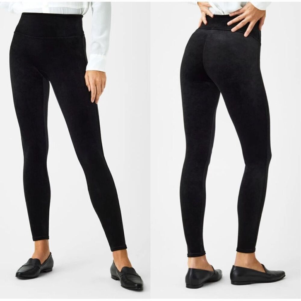 SPANX Black Velvet Velour Leggings High Waisted Tummy Control Med